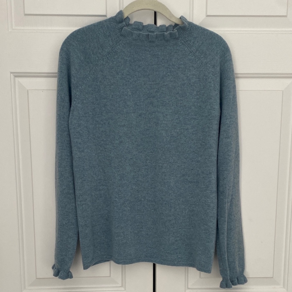 Garnet Hill Ruffle Trim Crewneck 100% Cashmere Sweater in Dusty Blue